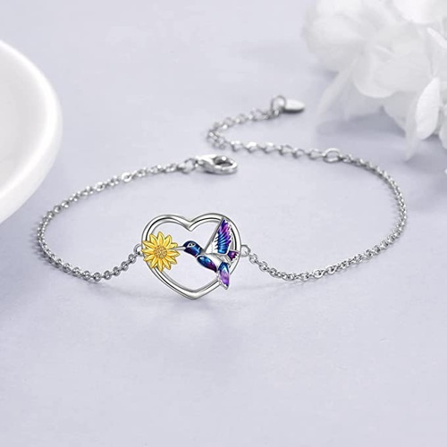 Imagen 3 de 7 de Pulsera Colibrí Corazon Girasol Plata Fina 925 Regalo Mujer