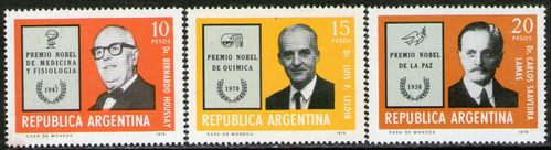 Argentina Serie X 3 Sellos Mint Premios Nobel Argentinos: Bernardo Houssay, Federico Leloir, Saavedra Lamas Año 1976 