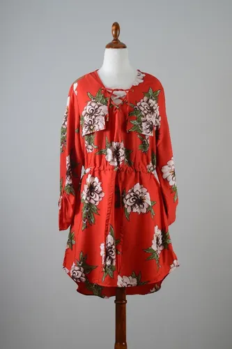 Vestido Rojo Xl Con Flores Beig manga Larga corto A Rodilla