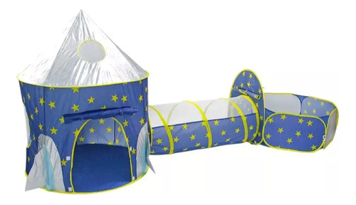 Carpa Infantil Azul Cohete + Túnel Piscina + 50 Pelotas 7cm