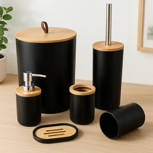 Kit Conjunto Banheiro 6 Peças Lixeira Tampa Bambu Fechada