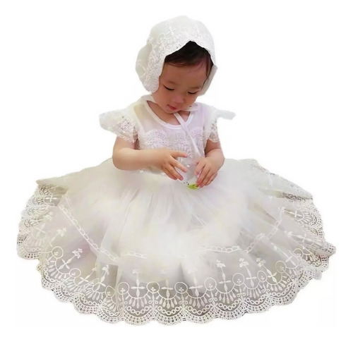 Vestido Branco P/ Bebes Com Touca P/ Batizados Casamentos