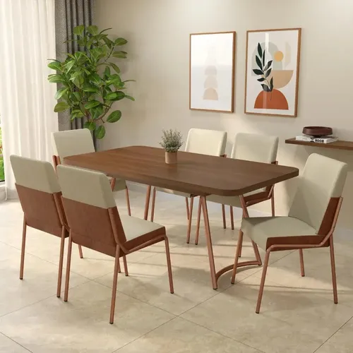 Conjunto Sala De Jantar 6 Cadeiras Olivia Carraro Nogal Rosê Rosê