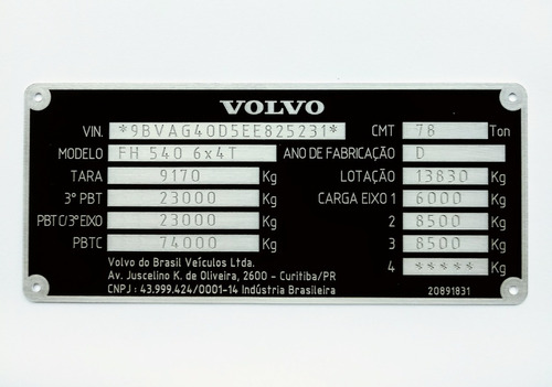 Plaqueta De Identificação Caminhão Volvo Fh 440 - Pbt / Cmt