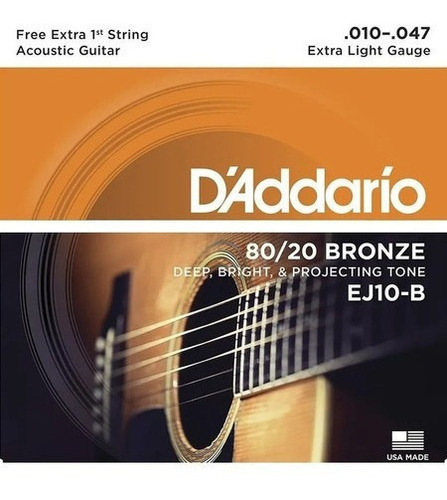 Encordoamento Violão Aço Daddario Ej 010 80/20 Bronze Extra 