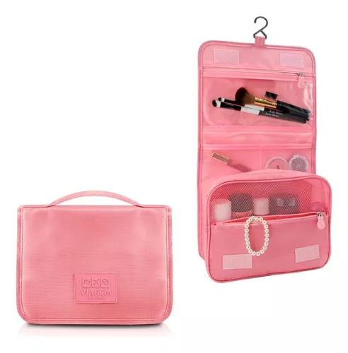 Glamlily Neceser grande enrollable para mujer, organizador de viaje de  maquillaje rosa pastel con gancho en S para cosméticos, accesorios para el