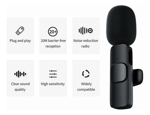 Microfone Lapela Sem Fio Celular Type C Cor Preto