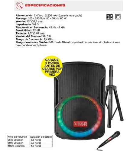 Imagen 6 de 6 de Bafle Recargable 15pLG Bocina 25,000w Pmpo Ksr Msa-7515cl Color Negro