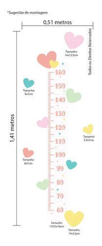 Adesivo Corações Coloridos Tons Pastéis Régua 141x51cm Cor Colorido