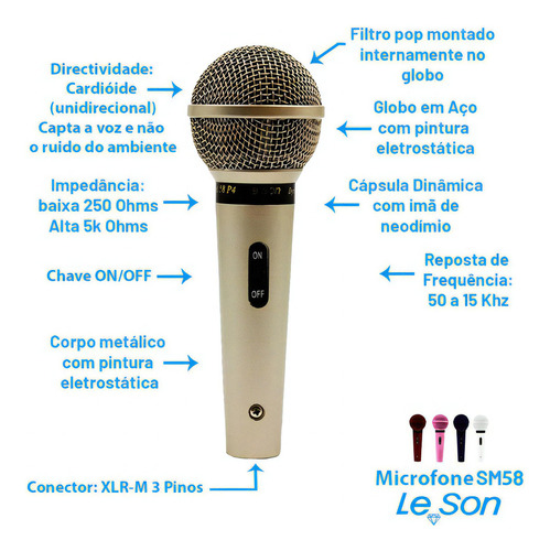 Microfone Sm58 P4 Lc Champanhe Cardióide Unidirecional Leson