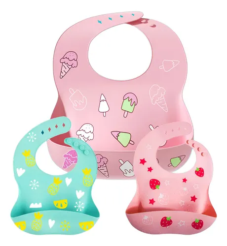 Kit Com 3 Bebê Babador De Silicone Gumy Com Pega Migalhas Abacaxi E Sorvete E