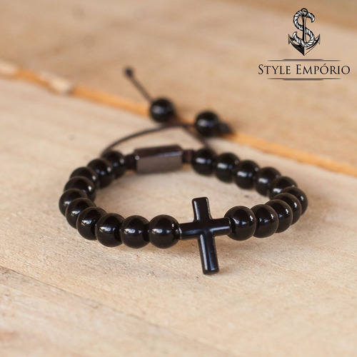 Pulseira De Pedra Natural Ônix Crucifixo Preto - Ajustável
