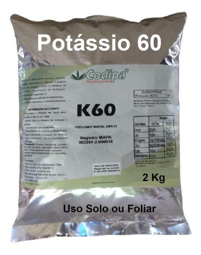 Adubo Potassio K60 Fertilizante Sais Soluvel Agua 2kg=300 Lt