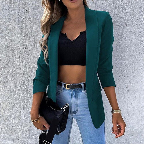 Chaqueta De Traje Liso Con Cuello Vuelto A La Moda Para Muje