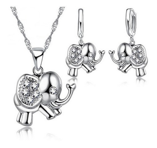 Set Collar Y Aretes Baño Plata 925, Baby Elefante