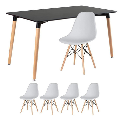 Conjunto Jantar Eames Mesa 140 X80  Cm 4 Lugares Cadeiras Cor Mesa preto com cadeiras cinza claro