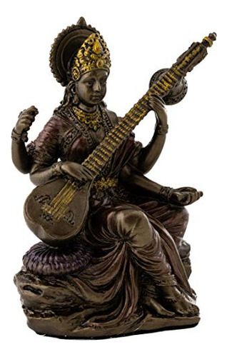 Mini Estatua Saraswati Diosa Hindú Bronce 3 Pulgadas.