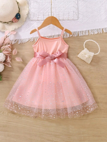 Vestido Shein Rosado Con Brillos Niña Tull Con Cinto 4 Años