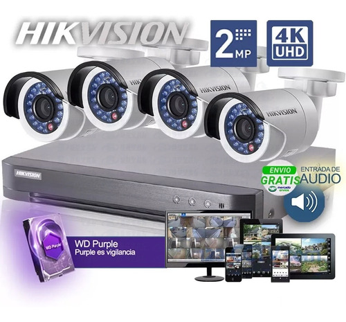 Kit Seguridad Hikvision Dvr 4 + 4 Camaras Full Hd + Disc.1tb