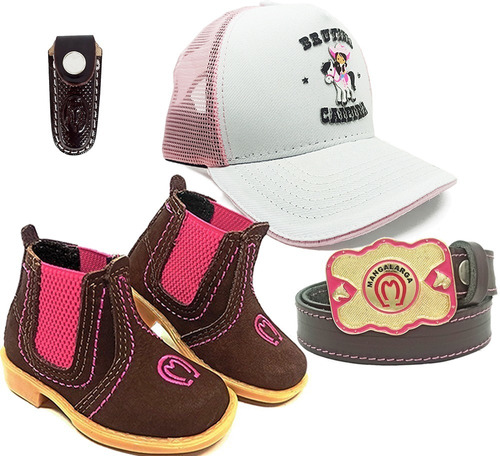 Kit Infantil Botina Mm Boné Kids Cinto C Fivela Rosa Bainha