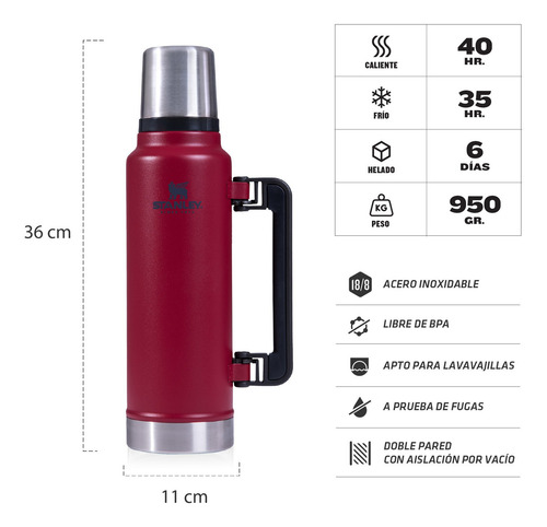 Stanley Termo Clásico 1.4 LTS Asa Plegable de acero inoxidable rojo