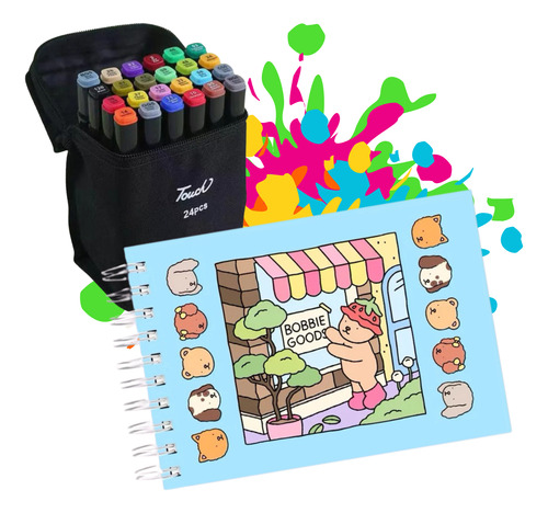 Kit Com 1 Livro De Colorir Bobbie Goods Capa Dura 50 Páginas + Canetinhas Caneta Ponta Dupla Marca Texto De 24 Cores + Bolsa Estojo Brinde Canetas - Livro Bob Goods Colorir Infantil Vários Desenhos