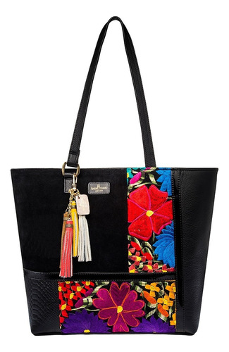 Bolsa tote Angelozano Mexican Art Victoria diseño floreado de cuero bovino  negra asas color negro y herrajes oro