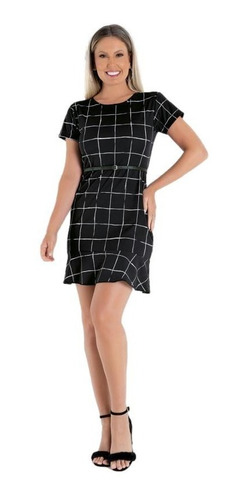 Vestido Xadrez Grid Preto Com Decote Redondo E Barra Babado