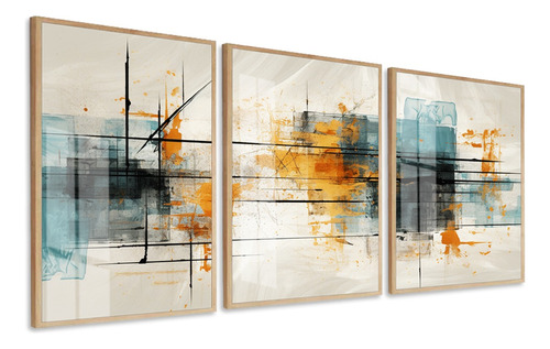 Quadros Decorativos Abstrato Tons Laranja Azul Moldura Vidro