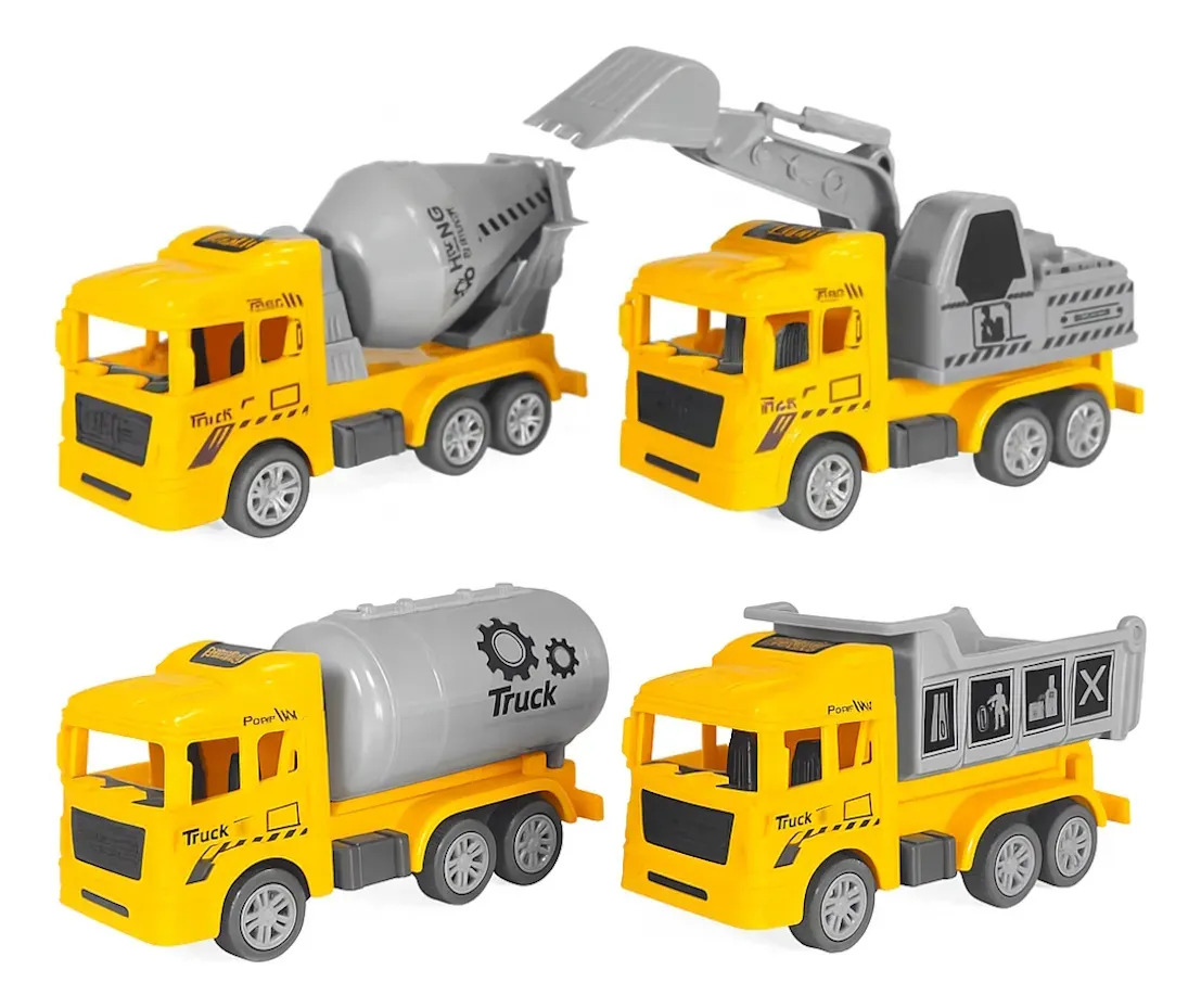 Kit Com 4 Caminhões De Construção Betoneira E Tanque Fricção Construção Laranja
