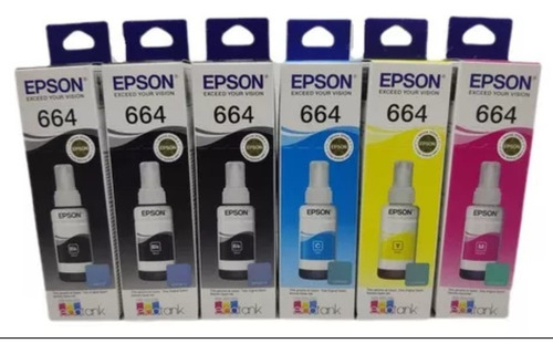 Kit 6 Refil Tinta Para Epson T664 3 Unidade Preto e 1 Unidade Amarelo Ciano e Magenta