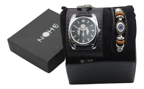 Reloj Hombre Punk Brazalere Pulsera Piel Set De Regalo