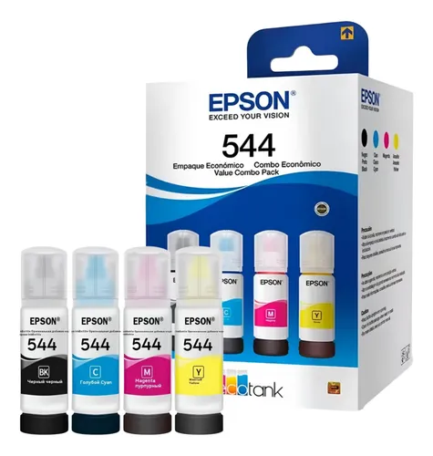 Caixa do kit de tintas Epson 544 com quatro garrafas coloridas ao lado