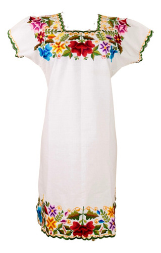 Vestido Huipil Lino Bordado Ambos Lados Artesanal Yucateco