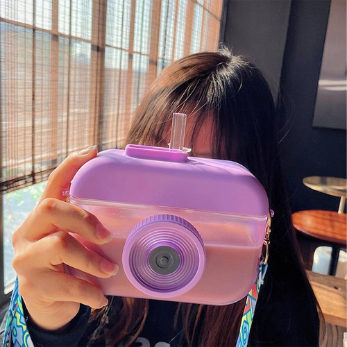 Botella infantil Kawaii Camera portátil con cámara Kawaii de 400 ml, color violeta
