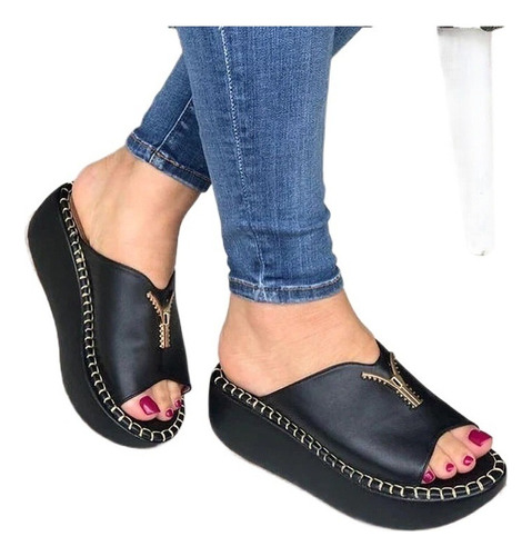 Zapatos Sandalias Para Chanclas Negro Plataforma Cuña Damas