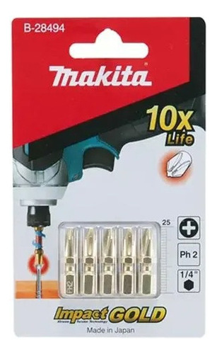 Ponta Bits Makita Kit Com 5 Ph2 25mm B-28494 Impact Gold