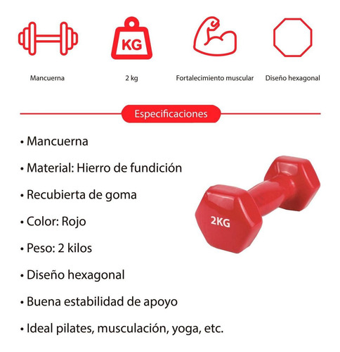 Imagen 5 de 5 de Mancuerna De Goma 2kg Pesa Ejercicio Aeróbica Roja Fitness