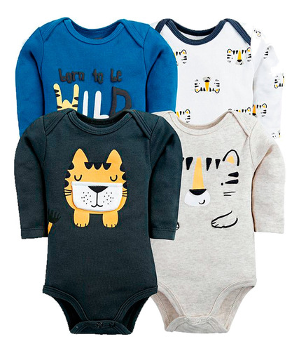  Set De 4 Bodys Manga Larga Bebe Ropa Algodón Niño