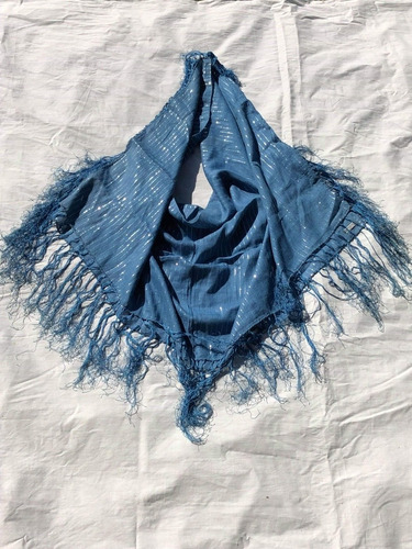 Pañuelo Pashmina Azul Y Plateado Con Flecos Algodon India