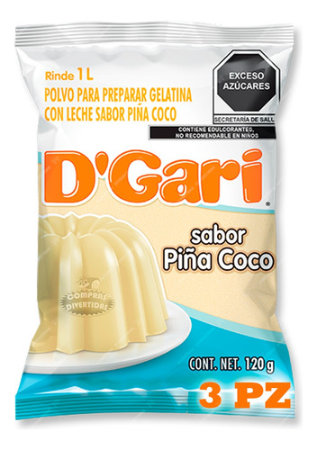 3 Gelatinas Polvo D-gari Leche Sabor Piña Coco 120g