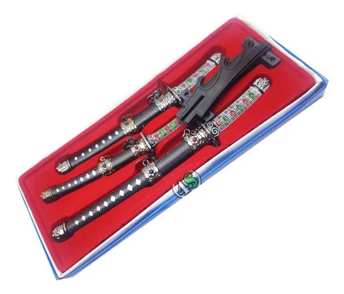 Kit Mini Katana Com 3 Espadas Enfeite C\suporte Samurai