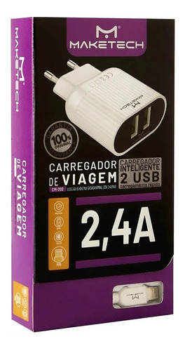 Carregador C/2saídas Usb +01cabo Maketech C/1ano De