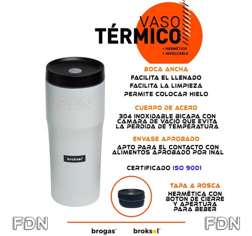 Imagen 5 de 9 de Vaso Termico Acero Inoxidable Broksol 480cc - Blanco - Fdn