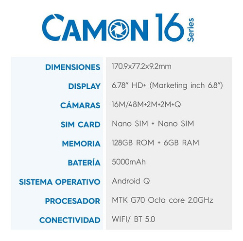 Celular Tecno Camon 16 128gb+6gb+pantalla 6.78 +5000mah