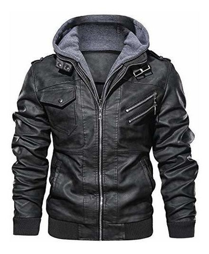 Chaqueta Moto Cuero Sintético Jyg Con Capucha Removible.