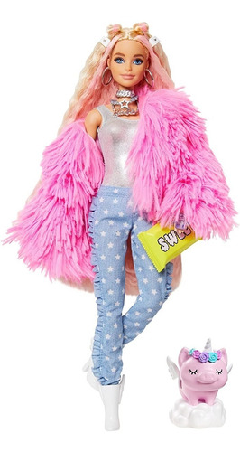 Imagen 5 de 9 de Barbie Extra Doll Con Abrigo Rosado Mascota Unicornio Mattel