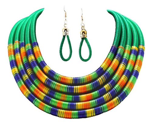 Juego Aretes Collar Africano Multicapa Cuerda Tejida Gargant