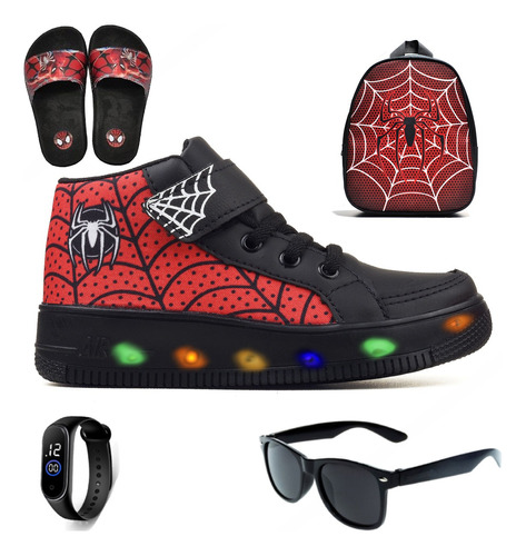 Botinha De Led Homem Aranha + Mochila Chinelo Oculos Relogio