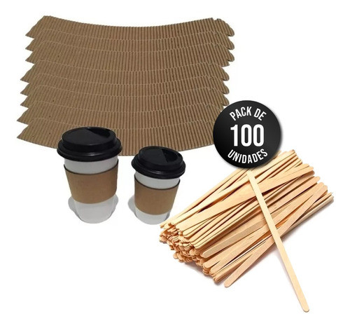 Pack Agitadores Madera + Collarines Carton Universales X100